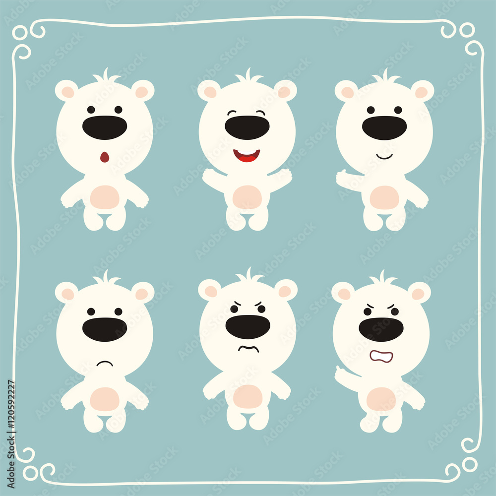Vector set cartoon polar bear. Collection isolated funny polar bear. Emotion polar bear. Vector set cartoon polar bear. Collection isolated funny polar bear. Emotion polar bear.