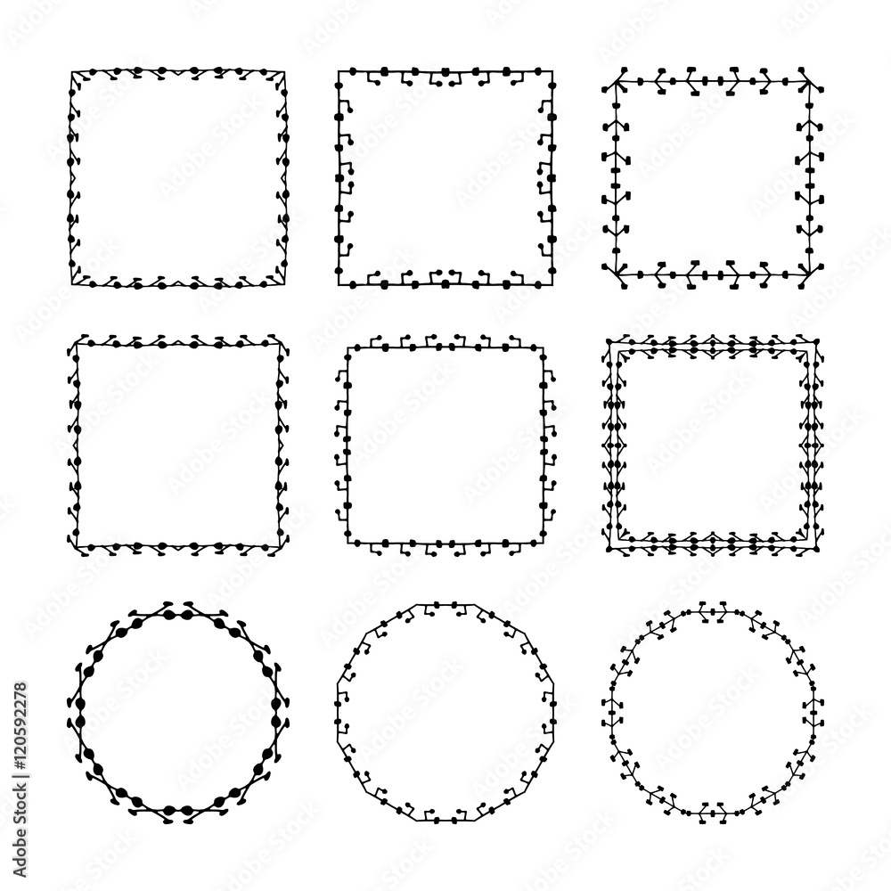 Set of hand drawn, doodle decorative frames and borders. Mono line design templates, isolated on white background Set of hand drawn, doodle decorative frames and borders. Mono line design templates, isolated on white background