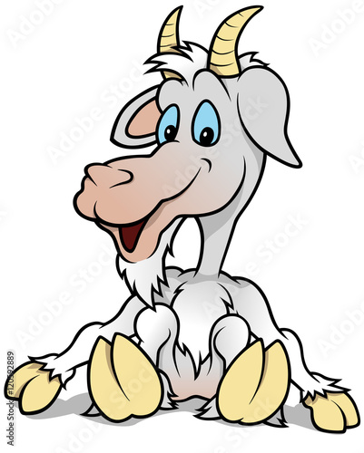 Sitting Cheerful Goat - Colored Cartoon Illustration, Vector