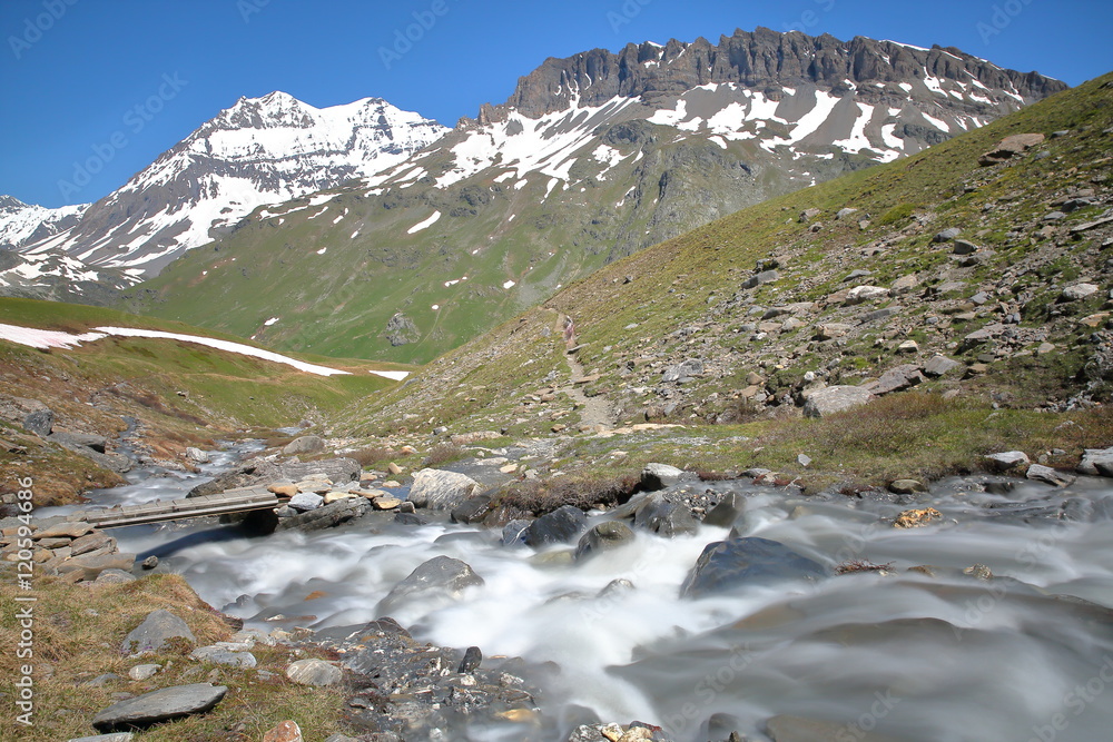 Vue de 2 sommets (Grande Casse et Pointes de Pierre Brune) depuis le torrent Fontabert dans le parc national de la Vanoise, Savoie, France
