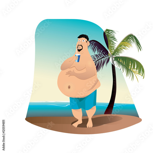 fat man on the beach drinking a beverage