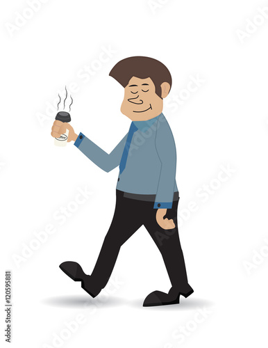 cartoon businessman carry coffee with his eye closed isolated