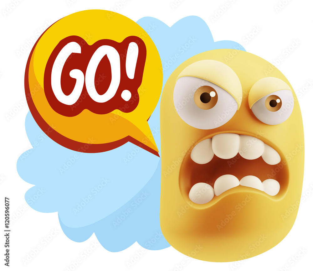 3d Illustration Angry Face Emoticon saying Go with Colorful Spee 3d Illustration Angry Face Emoticon saying Go with Colorful Spee