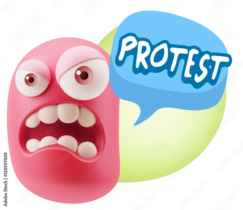 3d Illustration Angry Face Emoticon saying Protest with Colorful 3d Illustration Angry Face Emoticon saying Protest with Colorful