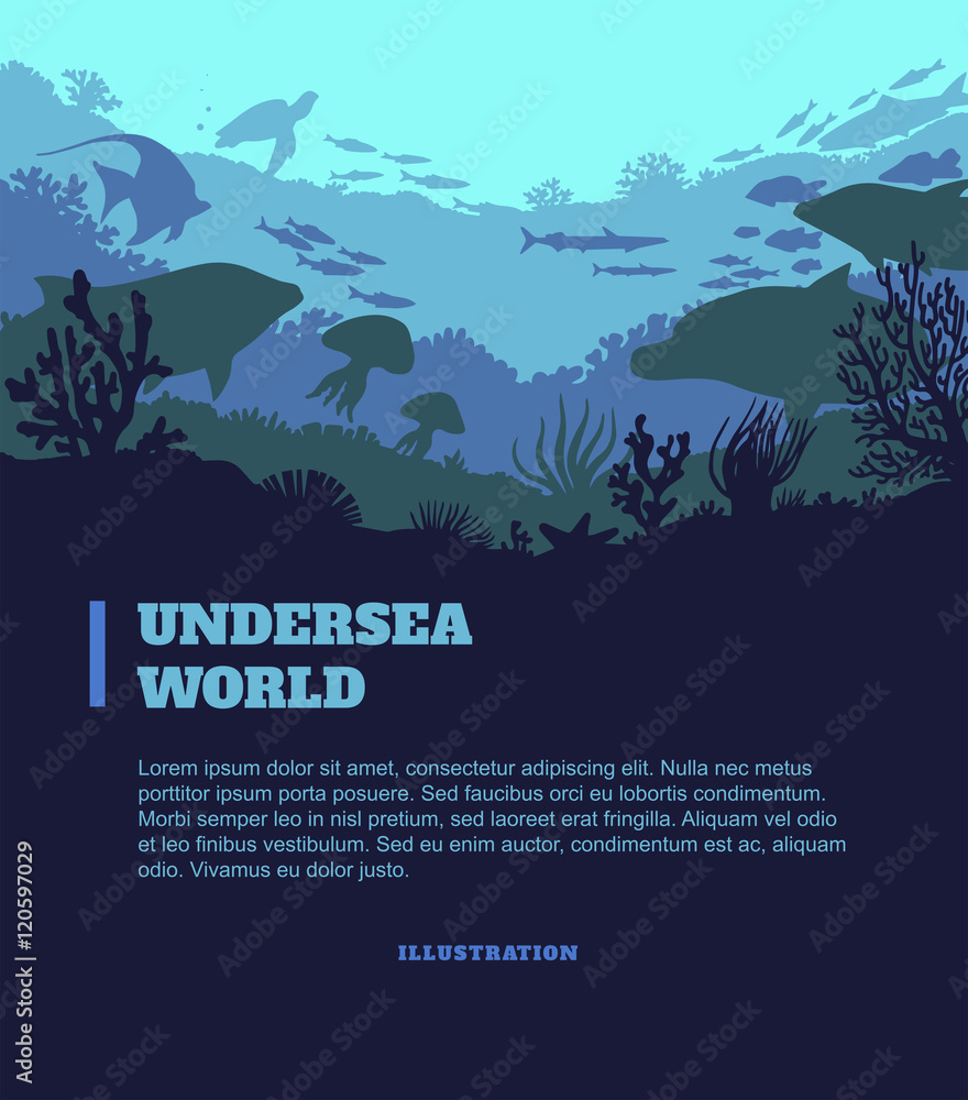 Naklejka premium Undersea world illustration background, colored silhouettes elements, flat