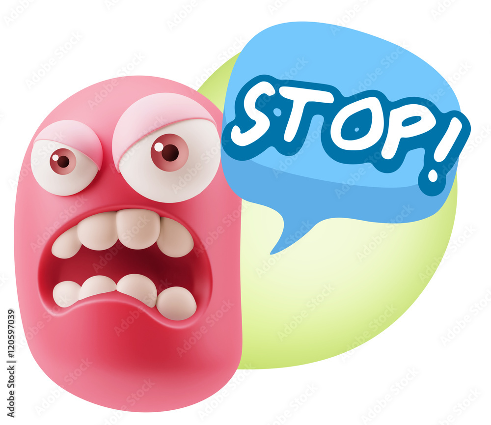 3d Illustration Angry Face Emoticon saying Stop with Colorful Sp