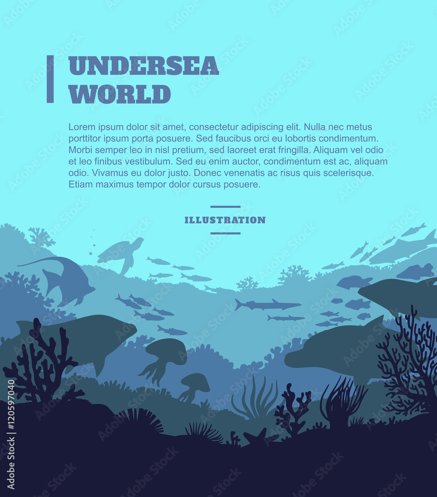 Fototapeta premium Undersea world illustration background, colored silhouettes elements, flat
