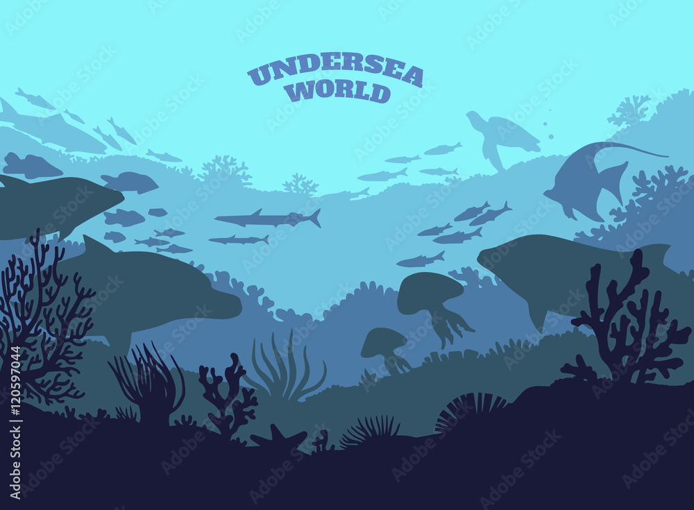 Obraz premium Undersea world illustration background, colored silhouettes elements, flat