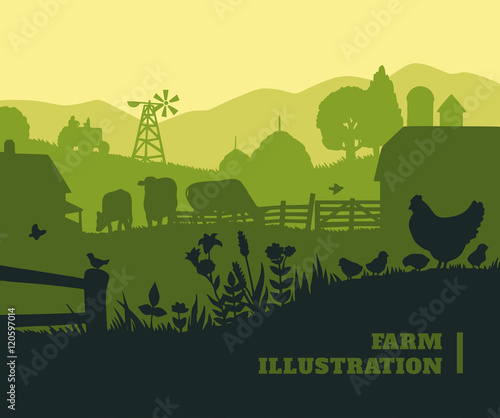 Leinwand Poster Farm illustration background, colored silhouettes elements, flat