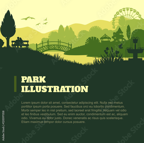 Park illustration background, colored silhouettes elements, flat