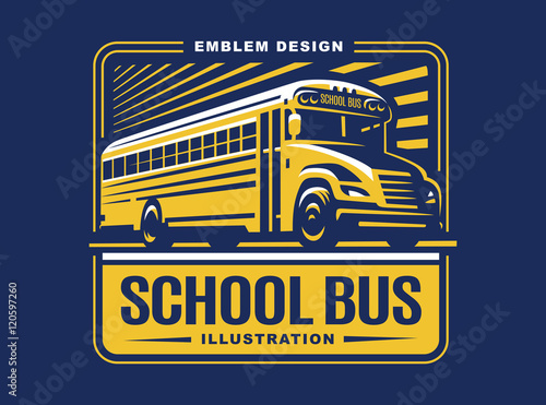 School bus illustration on light background, emblem