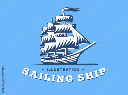 Sailing ship illustration on blue background