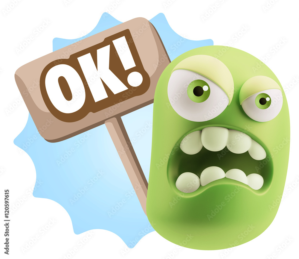 3d Illustration Angry Face Emoticon saying OK with Colorful Spee 3d Illustration Angry Face Emoticon saying OK with Colorful Spee