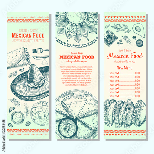 Mexican food design template. Vertical banners set. Mexican food cafe menu. Vector illustration.
