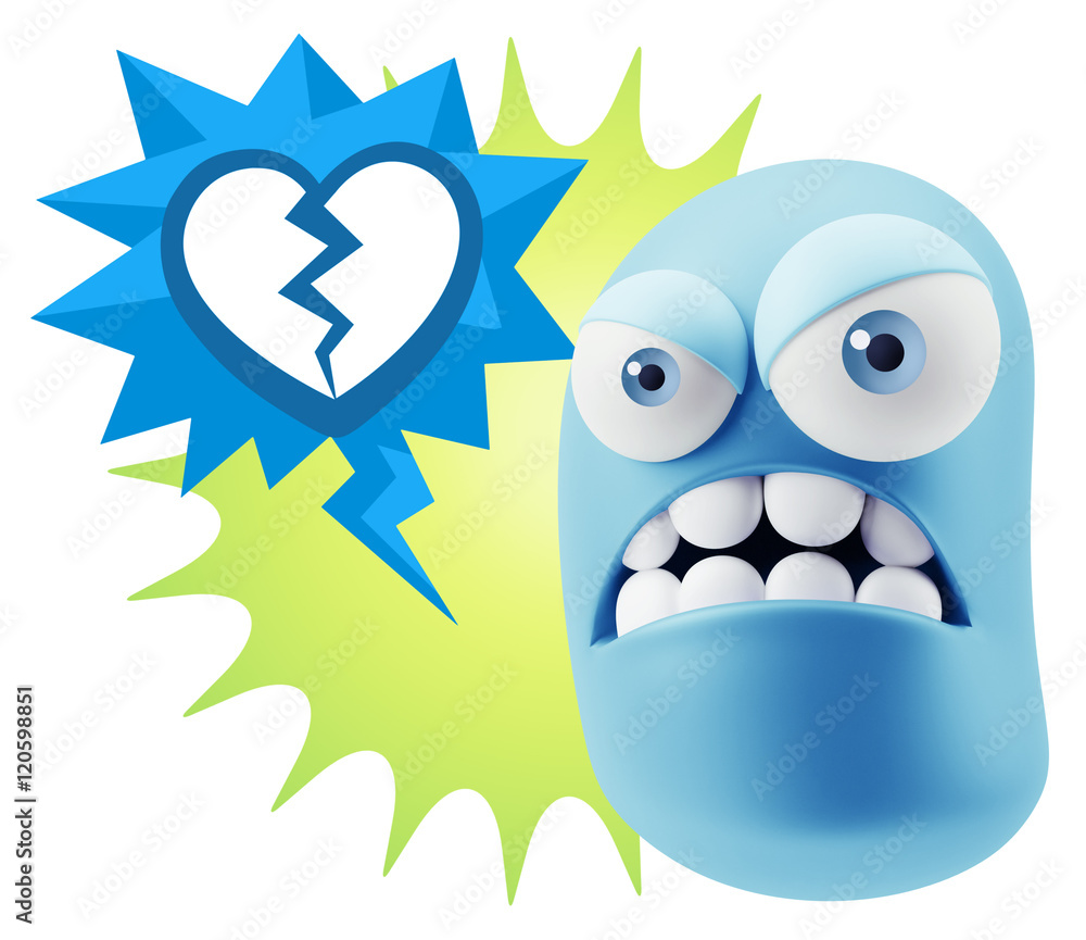 3d Illustration Angry Face Emoticon saying Heart Broken Icon wit