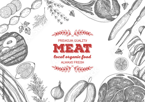 Vintage meat frame. Vector illustration. Linear graphic design. Hand drawn illustration. Meat design template.