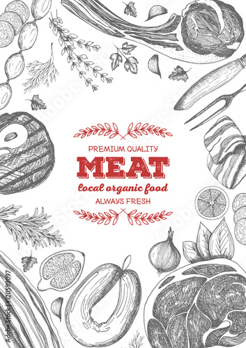 Vintage meat frame. Vector illustration. Linear graphic design. Hand drawn illustration. Meat design template.