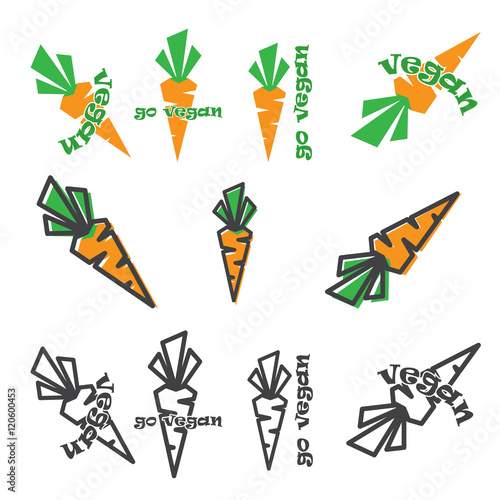 vector set of carrots with and without go vegan slogan.color, color with stroke and stroke only