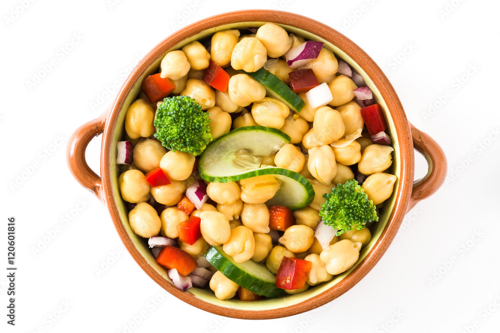 Chickpea salad in brown bowl isolated on white background
Chickpea salad in brown bowl isolated on white background