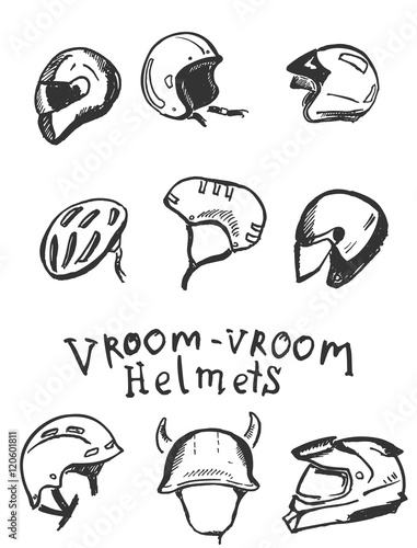 Doodle set of sport and bike Helmets. Vector illustration.
