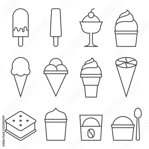 Set of Ice cream icon collection lollipop  sandwich  cone  cup  affogato  thin line vector