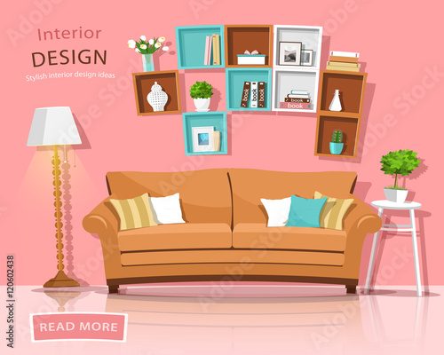 Living room interior design with couch, lamp and shelves. Funny style furniture set. Vector illustration.