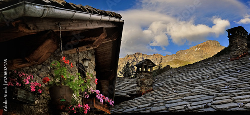Elements of alpien buildings with stone roofs and flowers