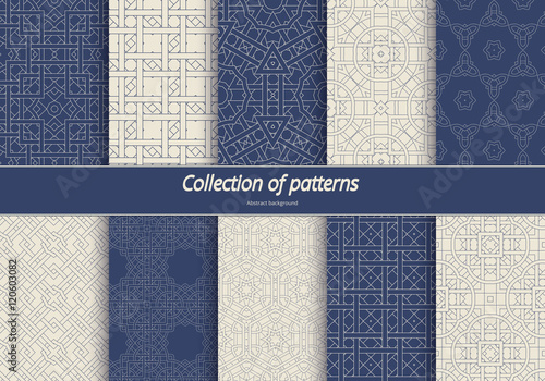 Set in an arabian style patterns. Seamless ethnic tracery. Geometric ornament in blue tones. Stylized arabesques decorating. Vector illustration.
