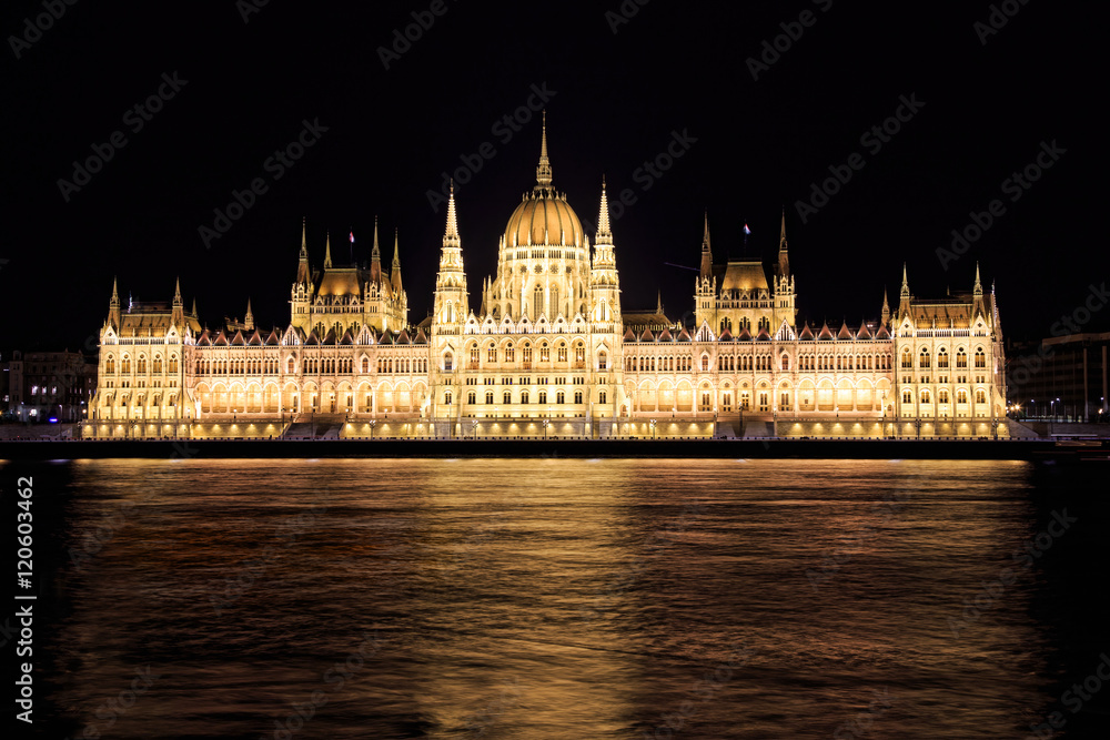View of Budapest parliament at night, Hungary