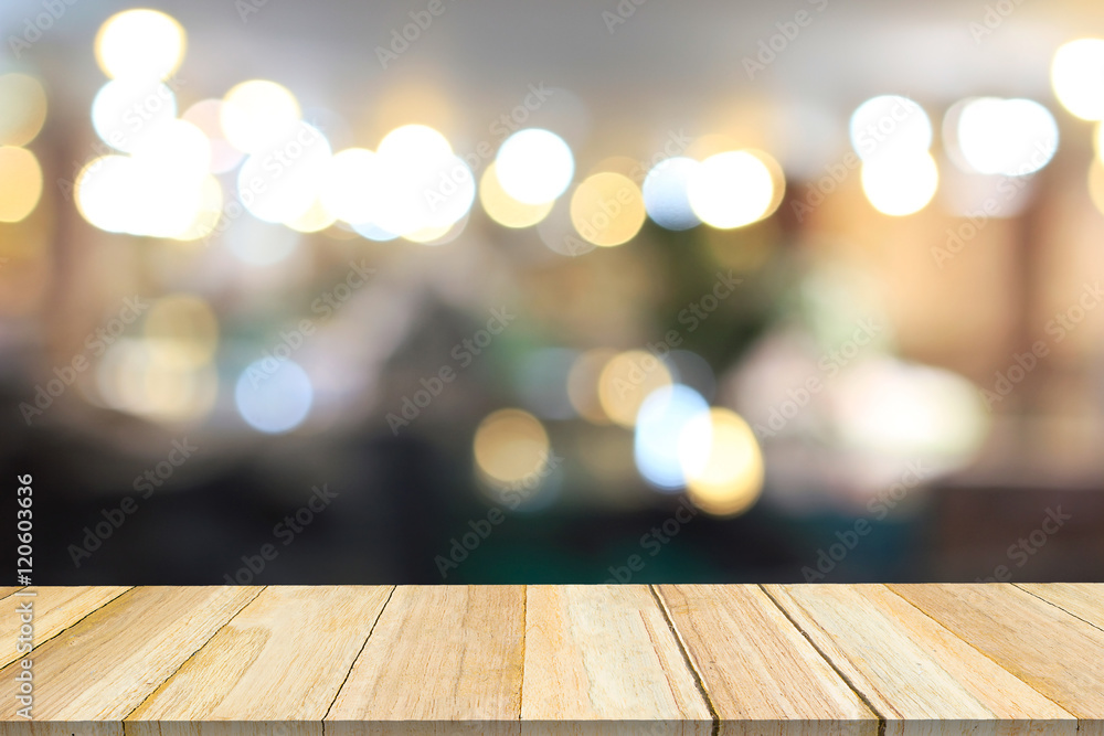 Perspective wood and blurred cafe with bokeh light background. Perspective wood and blurred cafe with bokeh light background.