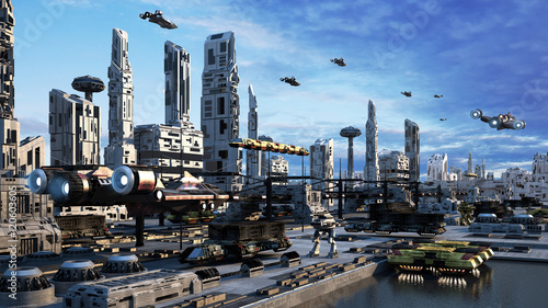 3D Scifi Cityscape transport airship from the future