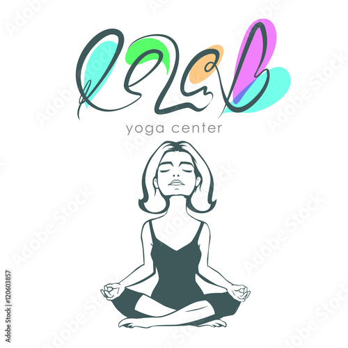 Young woman practicing yoga. Girl do yoga lotus pose. Relax lettering. Meditation logo. Health and beauty label. Hand drawn calligraphy Relax phrase isolated on white background. © vpanteon