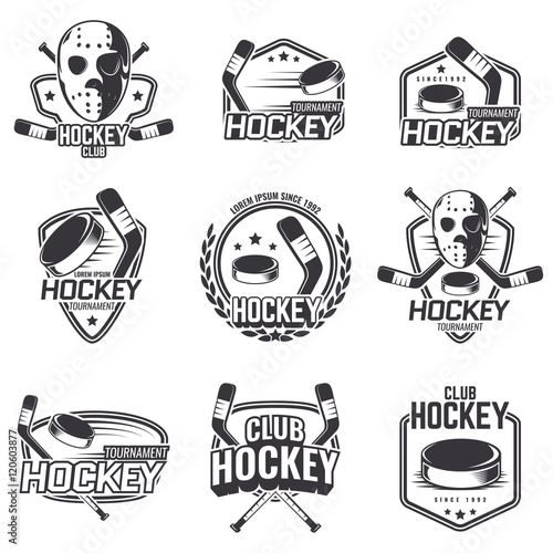 The logos on the theme of sport. Posters, stickers, emblems, logos for hockey. Different frames, objects sports design. Vector set of hockey emblems.