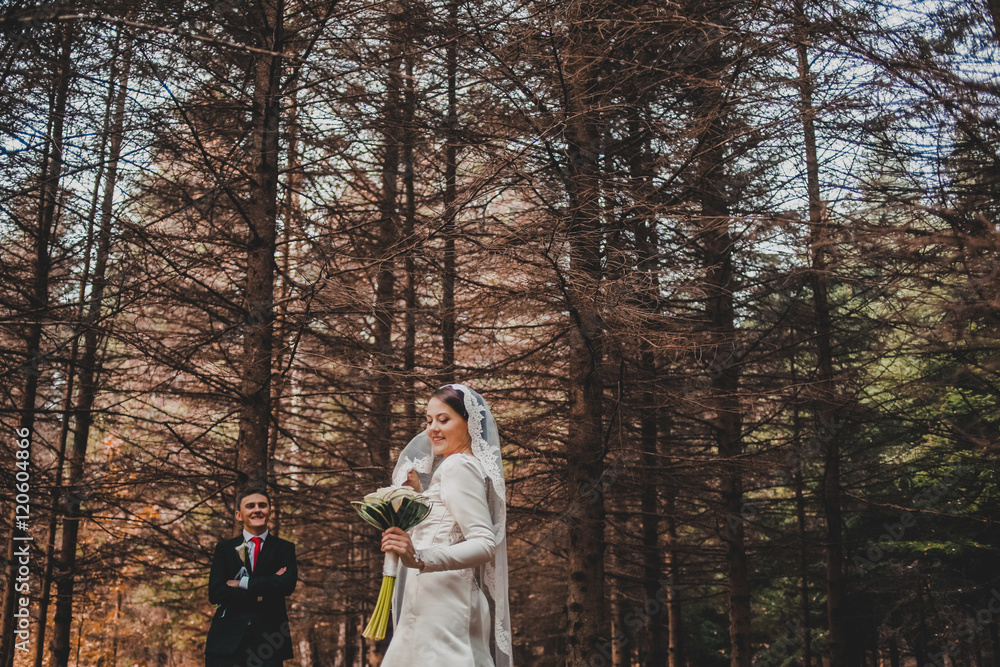 Fototapeta premium Young happy newlywed couple, groom and bride together on warm autumn day. Wedding.