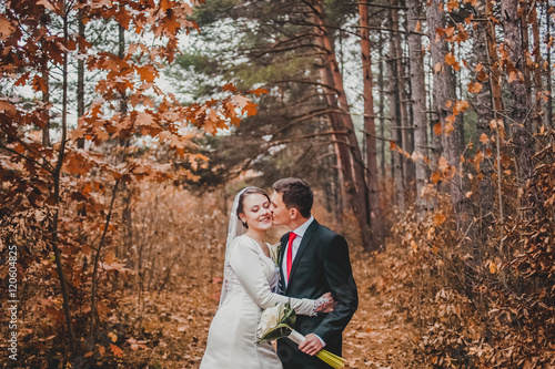 Young happy newlywed couple, groom and bride together on warm autumn day. Wedding. © nataliakabliuk