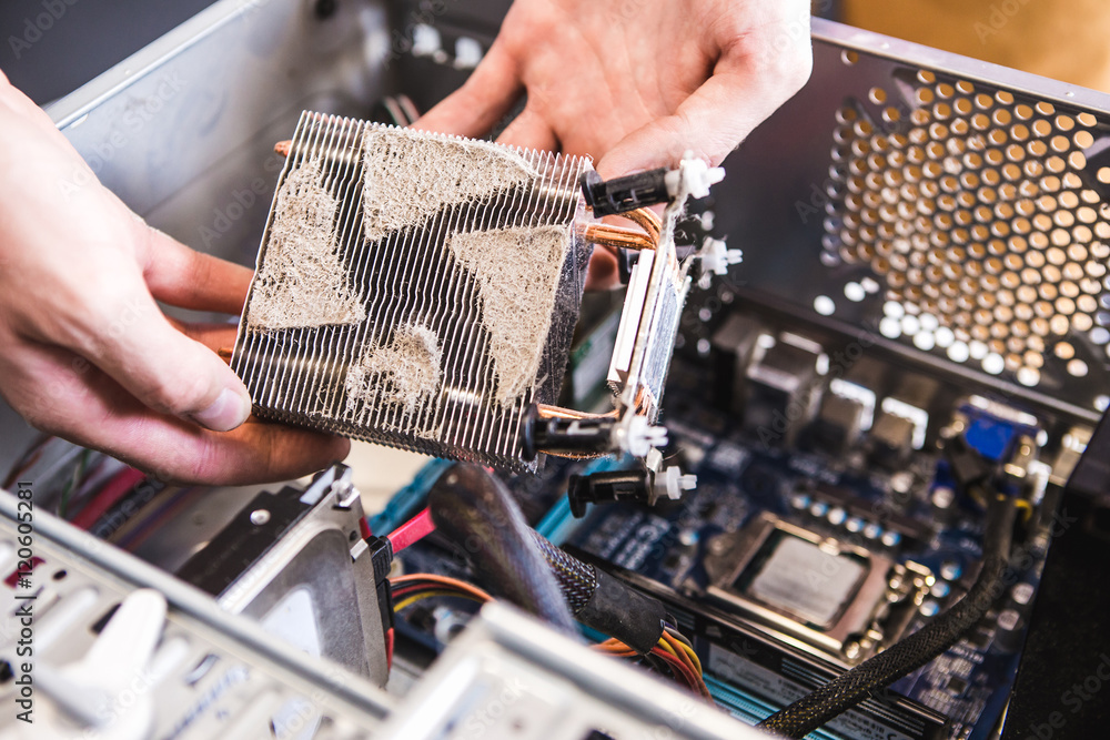 Computer literacy repair men hands, man examines laptop clean thermal ...