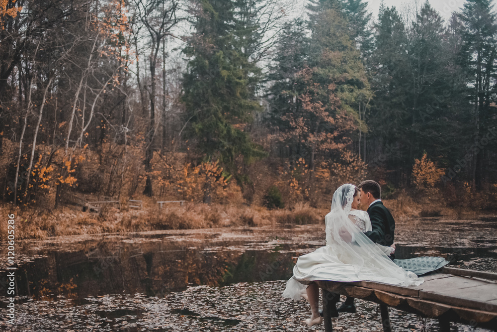 Groom and Bride in a park. Sitting on the pier. Back view. Kissing couple. Autumn lake with red leaves.
