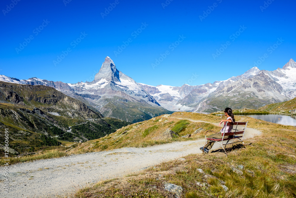 Matterhorn - Hiker in beautiful landscape of Zermatt, Switzerland