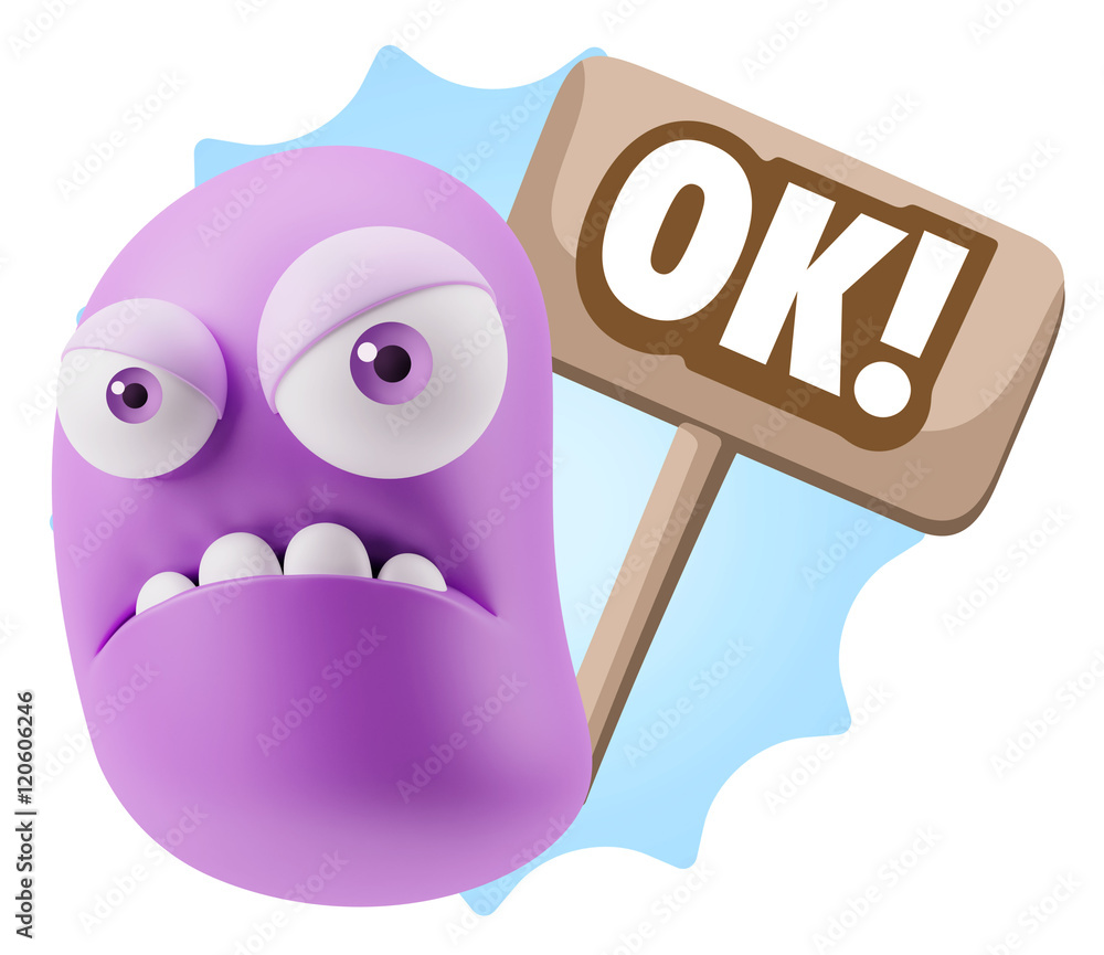 3d Illustration Angry Face Emoticon saying OK with Colorful Spee 3d Illustration Angry Face Emoticon saying OK with Colorful Spee