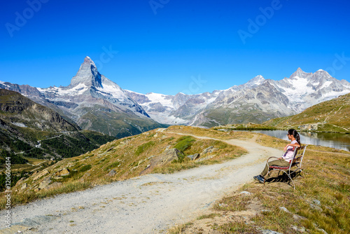 Matterhorn - Hiker in beautiful landscape of Zermatt, Switzerland