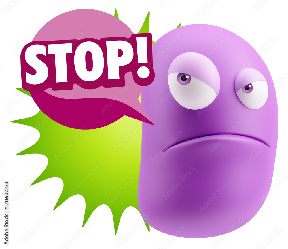 3d Illustration Angry Face Emoticon saying Stop with Colorful Sp 3d Illustration Angry Face Emoticon saying Stop with Colorful Sp