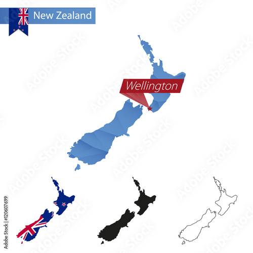 Fototapeta New Zealand blue Low Poly map with capital Wellington.