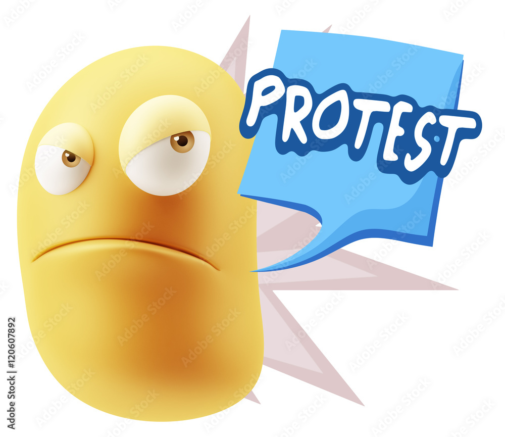 3d Illustration Angry Face Emoticon saying Protest with Colorful 3d Illustration Angry Face Emoticon saying Protest with Colorful