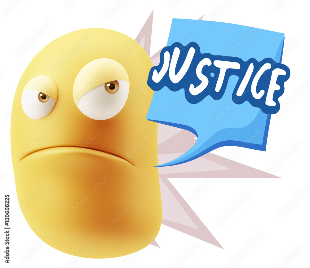 3d Illustration Angry Face Emoticon saying Justice with Colorful 3d Illustration Angry Face Emoticon saying Justice with Colorful