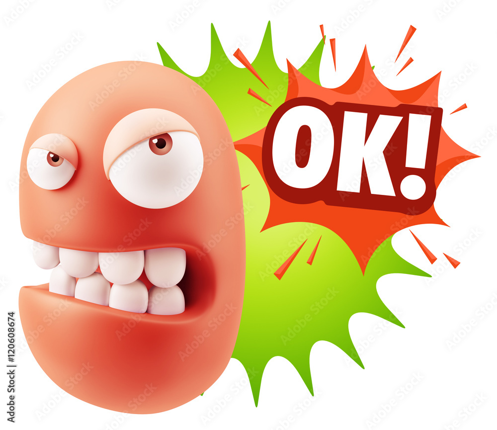 3d Illustration Angry Face Emoticon saying OK with Colorful Spee 3d Illustration Angry Face Emoticon saying OK with Colorful Spee