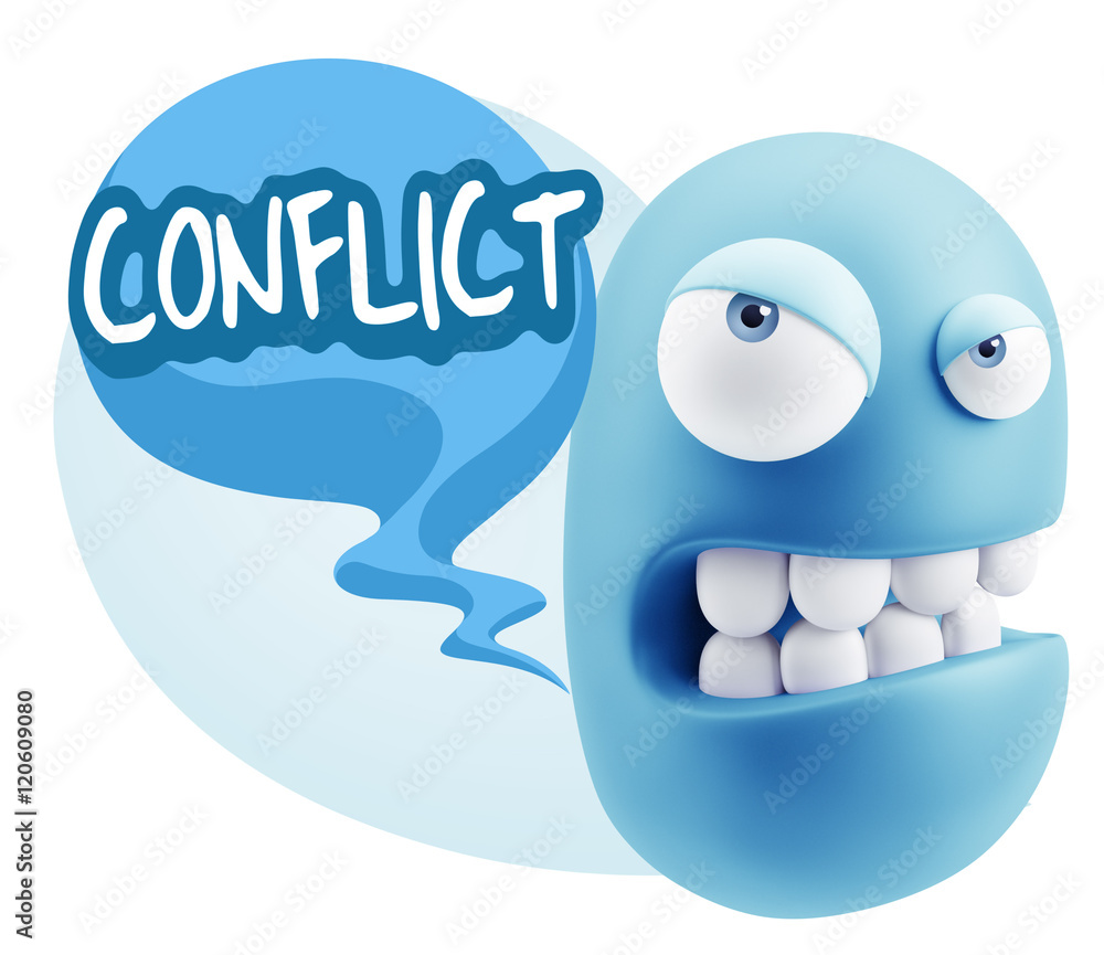 3d Illustration Angry Face Emoticon saying Conflict with Colorfu 3d Illustration Angry Face Emoticon saying Conflict with Colorfu