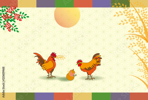 にわとりと稲穂とナンテンのイラストepsベクター年賀状テンプレート素材
