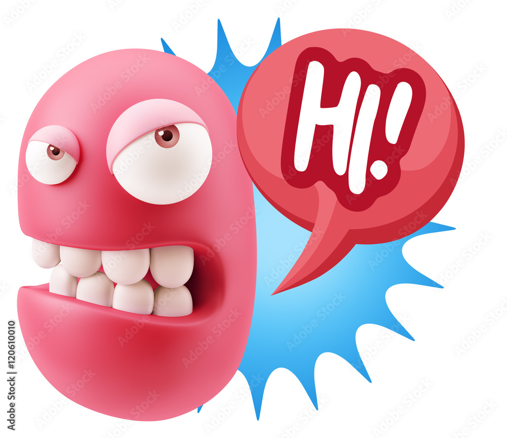 3d Illustration Angry Face Emoticon saying Hi with Colorful Spee 3d Illustration Angry Face Emoticon saying Hi with Colorful Spee