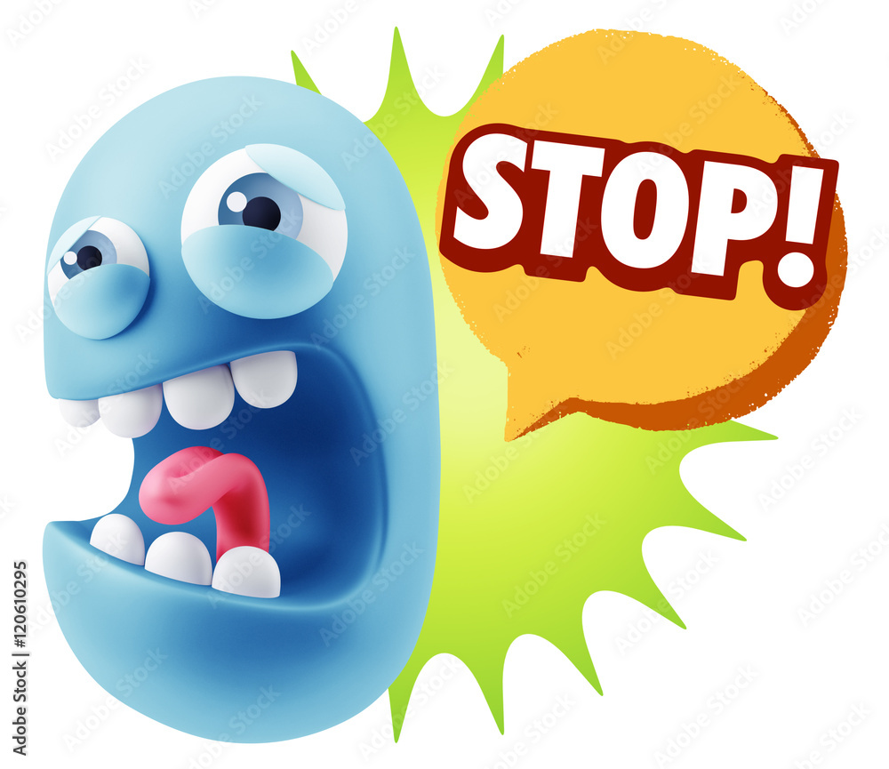3d Illustration Angry Face Emoticon saying Stop with Colorful Sp 3d Illustration Angry Face Emoticon saying Stop with Colorful Sp