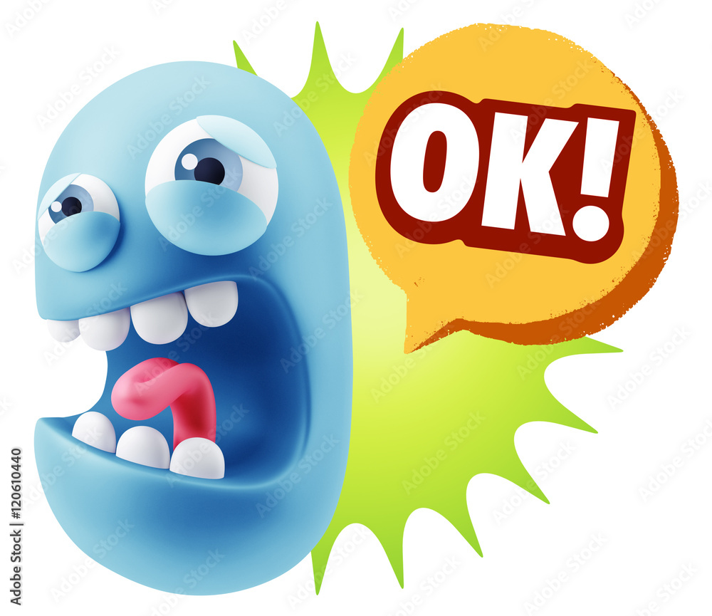 3d Illustration Angry Face Emoticon saying OK with Colorful Spee 3d Illustration Angry Face Emoticon saying OK with Colorful Spee